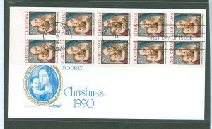 US 2514b 1990 25c christmas FDC pane of 10, madonna and child by antonello da messina, unaddressed cover with artmaster cachet,