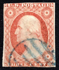 US 1851 3¢ Washington Orange Brown Stamp #10A Used CV $140