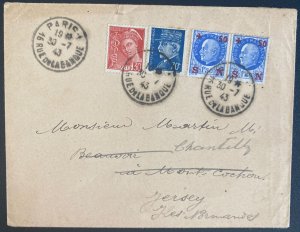 1943 Paris France Cover To Occupied Jersey Channel Island W Letter