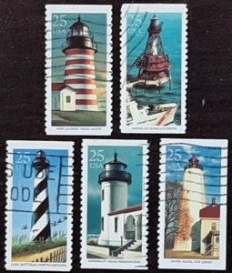 US Scott # 2470-2474; Five used 25c Lighthouses, 1990; VF centering; off paper