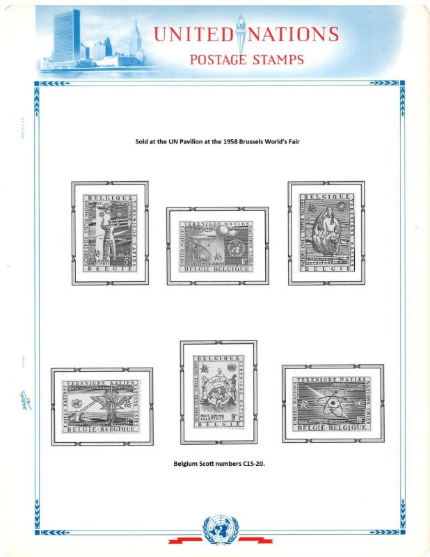 United Nations 1958 Brussels Worlds Fair #516-25 C15-20 White Ace Style pages