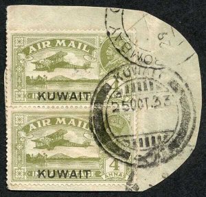 KUWAIT 1933-34 Air 4a Olive-green Vertical used PAIR tied on piece by 1933 Pmk