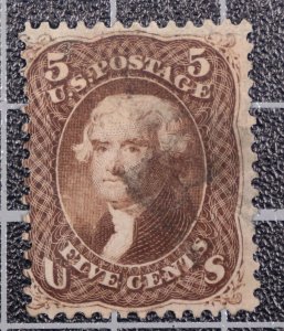 Half Cat - Scott 76 5 Cents Jefferson Used Nice Stamp SCV $120.00