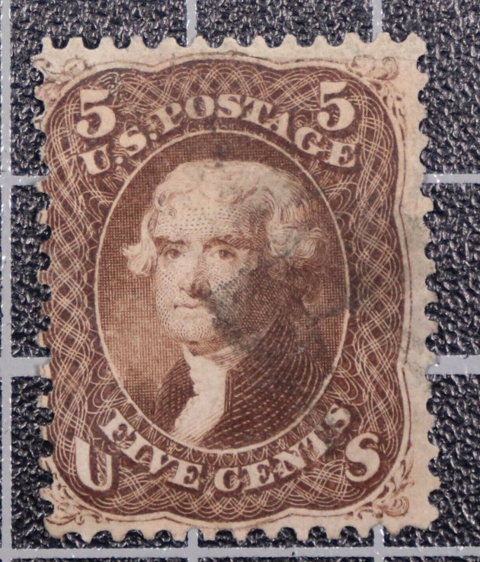 Half Cat - Scott 76 5 Cents Jefferson Used Nice Stamp SCV $120.00