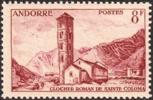 Andorra (French) #129  MOG - 8fr St. Coloma Belfry (1955)