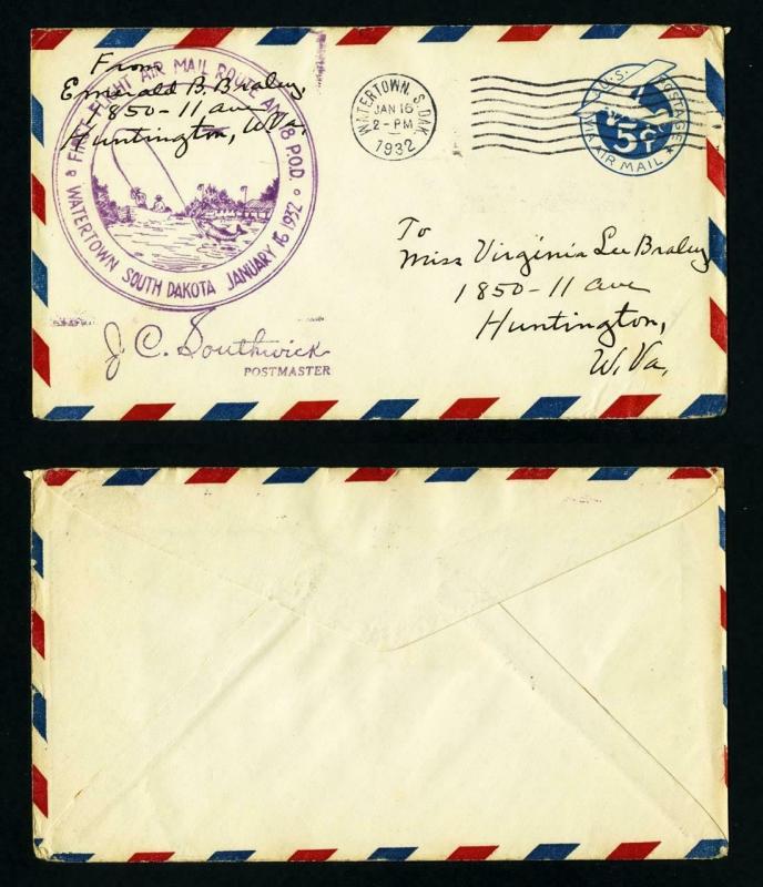 AM # 18 First Flight cover Watertown, South Dakota Dated 1-16-1932