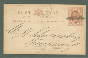 Cape of Good Hope  1890 1/2d reddish brown on white from Port Elizabeth to Fauresmith; arrival cancel reverse.
