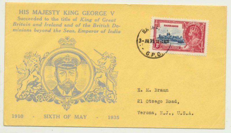 BARBADOS 1935 1d ON SILVER JUBILEE FIRST DAY COVER, ILLUSTRATED TO US(SEE BELOW