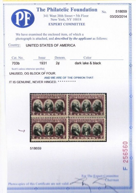 703b, MNH 2¢ Dark Lake and Black With PFC (Copy) Certificate CV $950 Stuart Katz
