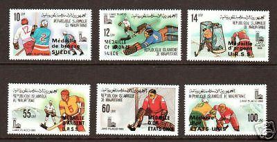 Mauritania Sc 440-445 MNH. 1980 Winter Olympics Ovpts cplt, Ice Hockey