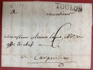 France, 1782 Stampless Cover/Folded Letter, sent from Toulon to Carpentros