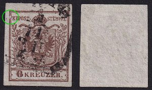 Austria - 1850 - Scott #4 - used - Type Ia - plate flaw