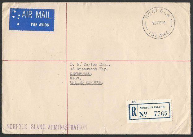 NORFOLK IS 1970 Official cover, registered airmail to UK...................49347