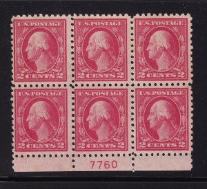 1914 Washington 2c Sc 425 MNH with original gum, plate block of 6 (DX