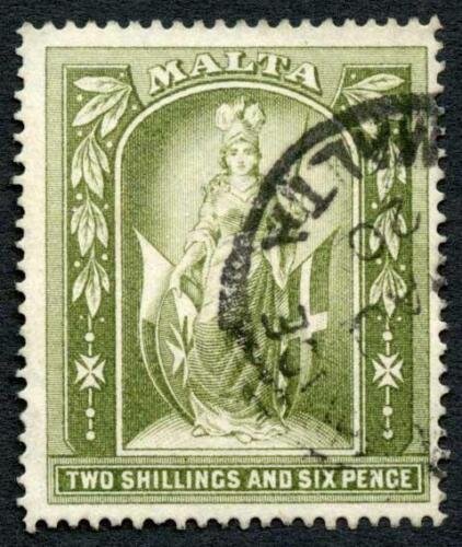 Malta SG87 2/6 Olive-green Wmk Mult Crown CA Cat 80 pounds 