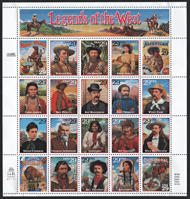 SC#2869 29¢ Legends of the West Pane of Twenty (1994) NH