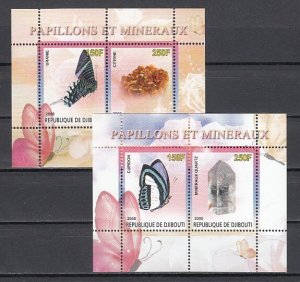 Djibouti, 2008 issue. Butterflies & Minerals. 2 sheets of 2. ^