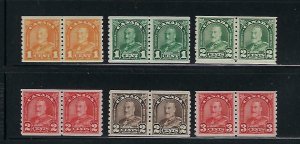 CANADA SCOTT #178-183 1930 COILS- PERF 8 1/2 (VERTICAL)- PAIRS MINT NEVER HINGED