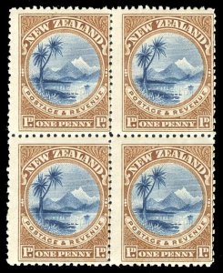 New Zealand 1898 Lake Taupo 1d blue & brown block of four MLH / MNH. SG 247d.