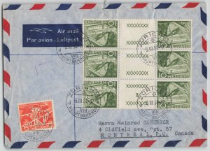 Switzerland 1958 10c Mountain Railway Inter-Panneau Block Airmail Cover Canada