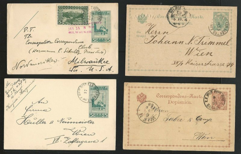 Bosnia Herzegovina, Lot of 4 Postal History / Postal Cards, Used 1888-1908