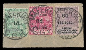 Cape Mafeking Boer War 1900 1d on ½d, 3d on 1d, 6d on 3d on piece VFU. SG 1,3,10