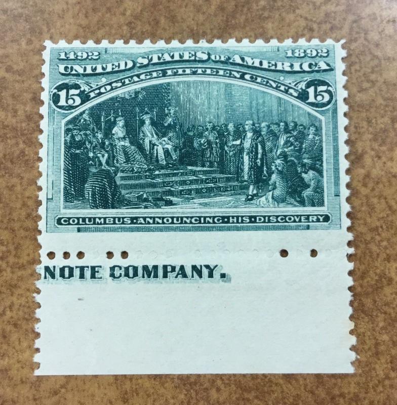 US  #238 15c Columbian 1893 VF OG NH Fresh bright blue-green inscription tab