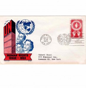 United Nations 1953 FDC Sc 22 Human Rights UN First Day Cachet Craft Ken Boll