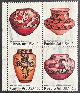 US #1709a (1706-1709) Used Block of 4 - 13c Pueblo Pottery 1977 [BB401]