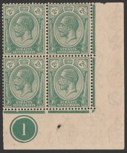 STRAITS SETTLEMENTS 1921 KGV 2c green plate 1 block, wmk Mult Script.