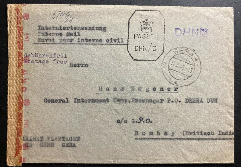 1943 Gera Germany Censored Cover to Dehra Dun India Internment Prisoner Camp POW