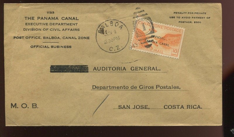 Canal Zone CO2 Airpost Official Used on OB Penalty Cover to Costa Rica CZ MOB1