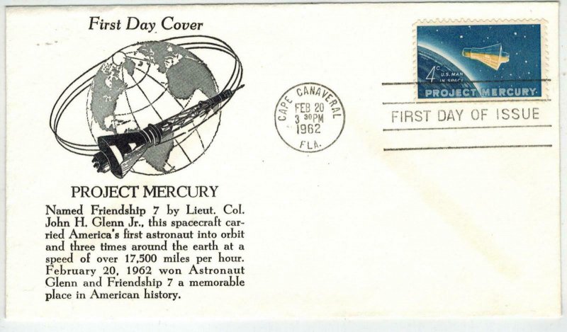 1962 USA SPACE JOHN GLENN Project Mercury 1193-59 1st Orbit Craft FDC CV $25