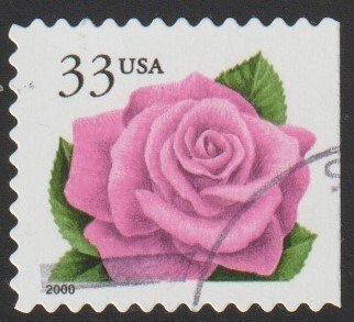 SC# 3052E - (33c) - Coral Pink Rose, die cut 10.75 x10.5, USED single off paper
