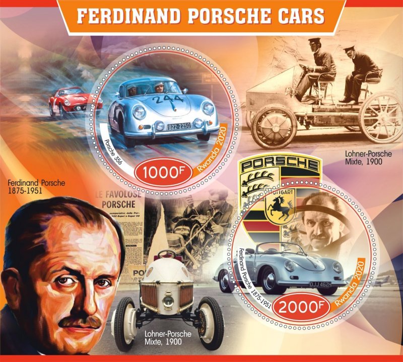 Stamps.Cars Ferdinand Porsche 2020 year 1+1 sheets perf Rwanda | Africa ...