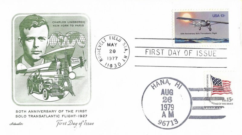 1977 FDC, #1710, 13c Lindbergh Flight, Artmaster #035, dual cancel (Hana HI)