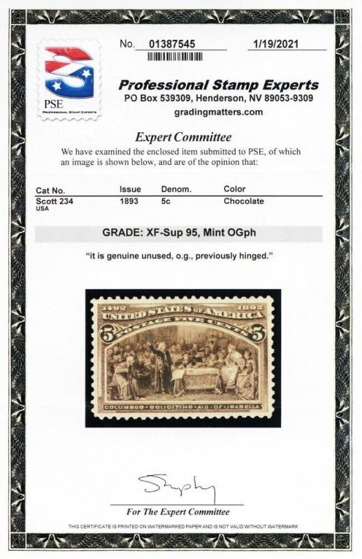 234, Mint XF/Superb LH 5¢ With Graded 95 PSE Certificate - Stuart Katz