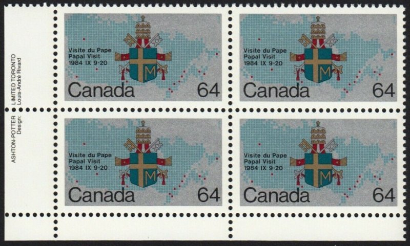 HISTORY = COAT-OF-ARMS, MAP = Canada 1984 #1031 MNH LL BLOCK OF 4