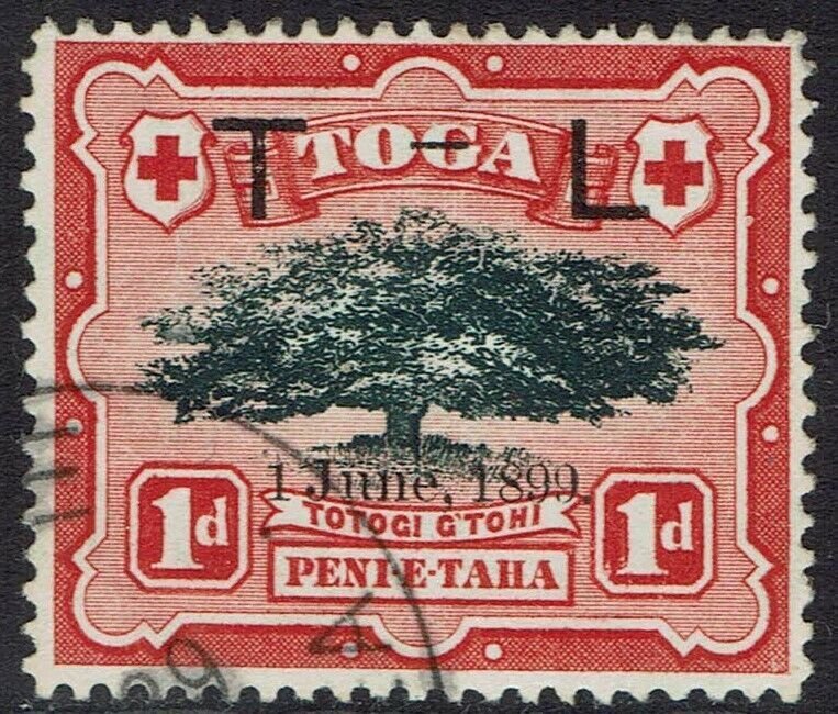 TONGA 1899 T- L OVERPRINTED TREE 1D 2MM HYPHEN WMK SIDEWAYS USED