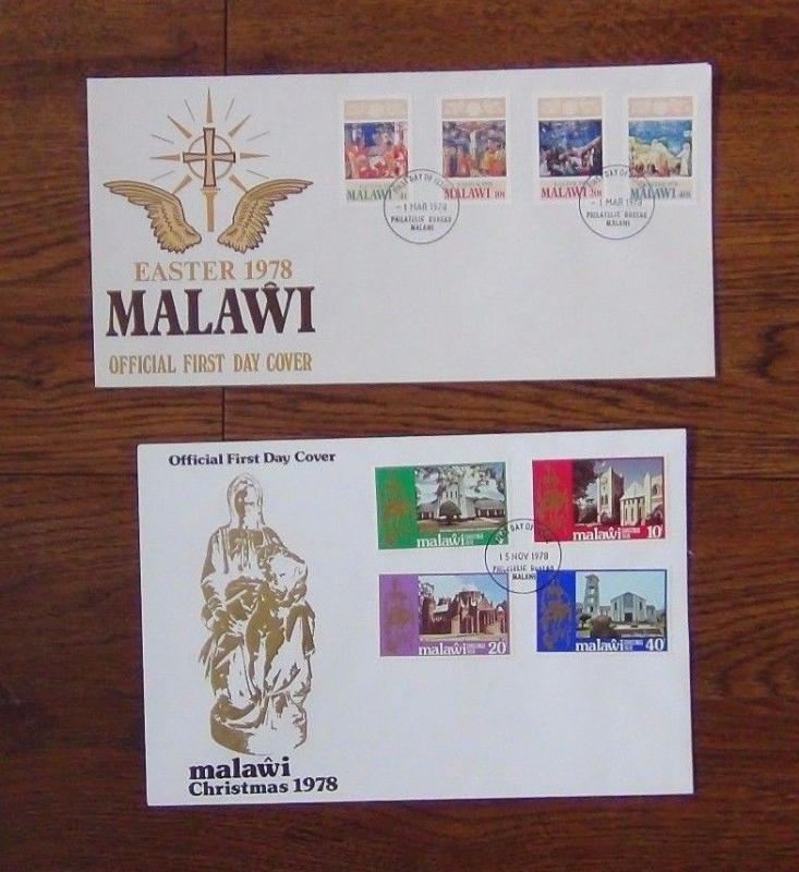 Malawi 10 FDC's 1977 1980 IYC Railway Trees Easter Xmas Rotary London 1980 etc