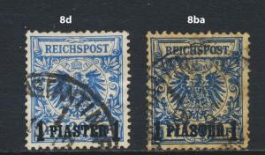 GERMAN OFFICES IN TURKEY 1892, 1pi 2 SHADES,VF USED Sc#10v Mi#8d+ba CAT€200