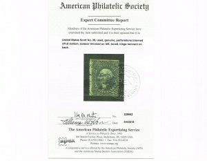 VERY AFFORDABLE GENUINE SCOTT #36 USED TYPE-I 1857 BLACK APS CERT - #10499