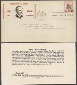 US # 834 ADDR FACSIMILE FDC   Calvin Coolidge