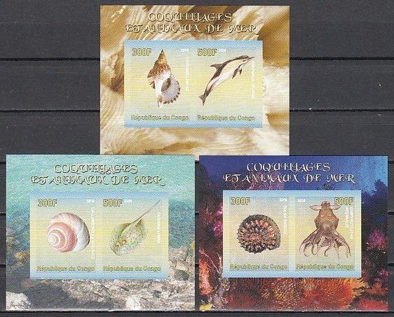 Congo Rep., 2008 issue. Sea Shells and Marine Life on 3 IMPERF s/sheets.