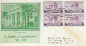 1936 FDC, #782, 3c Arkansas Centennial, possible Stoutzenberg, block of 4