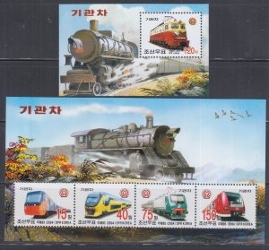 NORTH KOREA Sc #4405-6 CPL MNH S/S and SHEETLET of 4 TRAINS