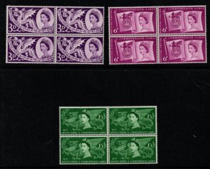 Great Britain Sc 338-340 1958 Commonwealth Games stamp set blocks of 4 mint NH