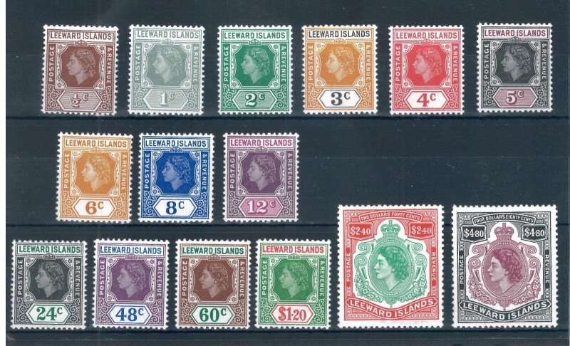 Leeward Islands 1954 Queen Elizabeth II full set of stamps. Mint. Sg 126-140.