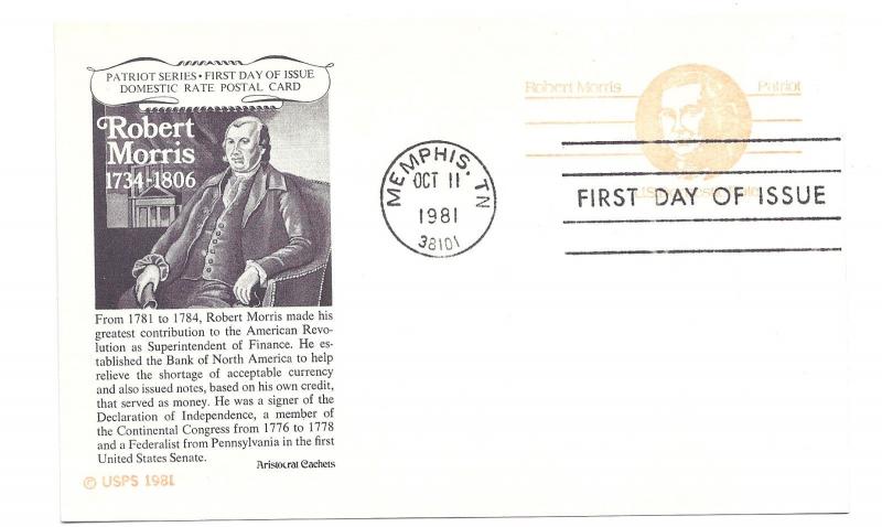 UX92 ND (13c) Robert Morris, Aristocrat Cachets, FDC
