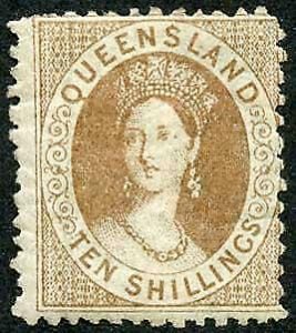 Queensland SG126 10/- bistre-brown M/M Cat 950 pounds